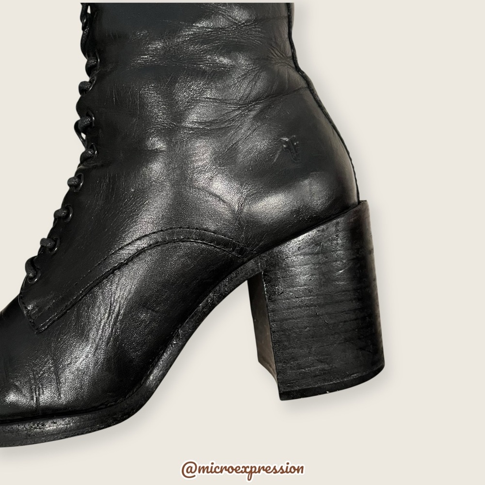 $399 Frye Pia Black Leather Combat Lace Up Moto Goth Block Heel Ankle Bootie - Picture 10 of 15